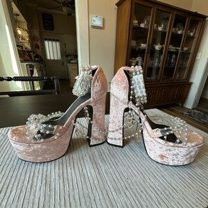 Sugar Thrillz Pink Velvet Pearl Embellished Platform Heels